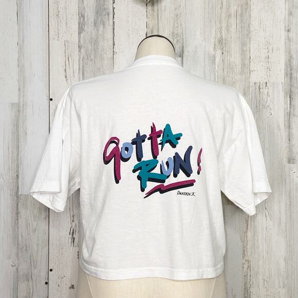 Vintage Danskin Can't Stay...Gotta Run! Graphic Tee White Crop 90s Gym Size L - Picture 5 of 7